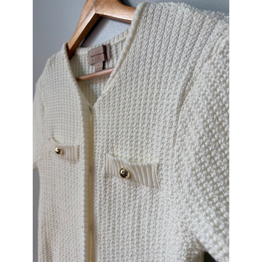 French Connection Egret Textured Knit Short Sleeve Cardigan Gold Buttons Size S - Picture 4 of 8